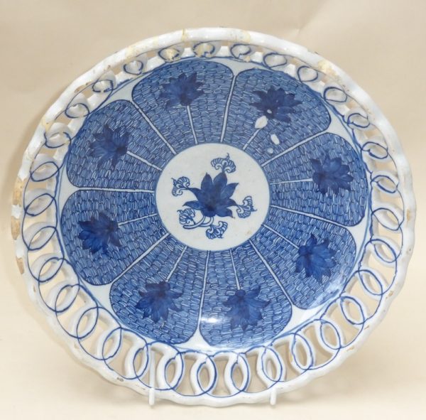 English Delft blue and white pierced bowl