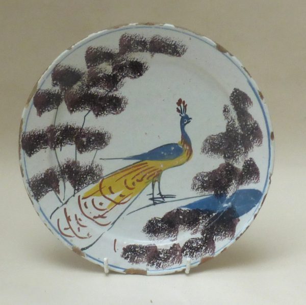English Delftware farmyard Peacock plate